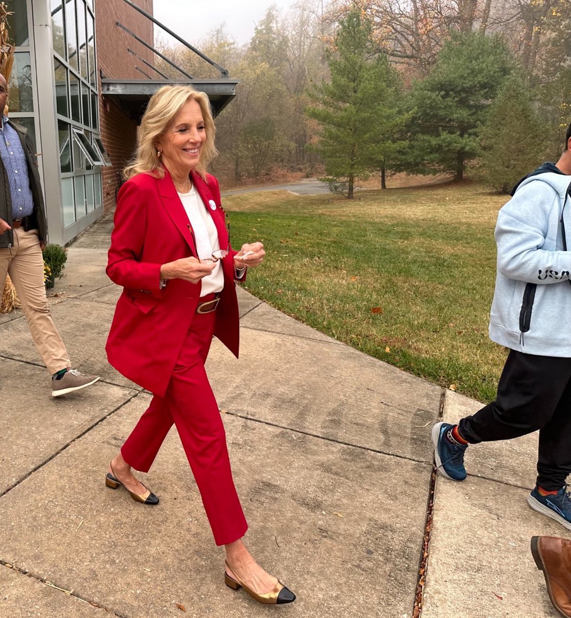 Check out how Jill Biden wears red to vote, showcasing civic duty with a fashionable appearance.
