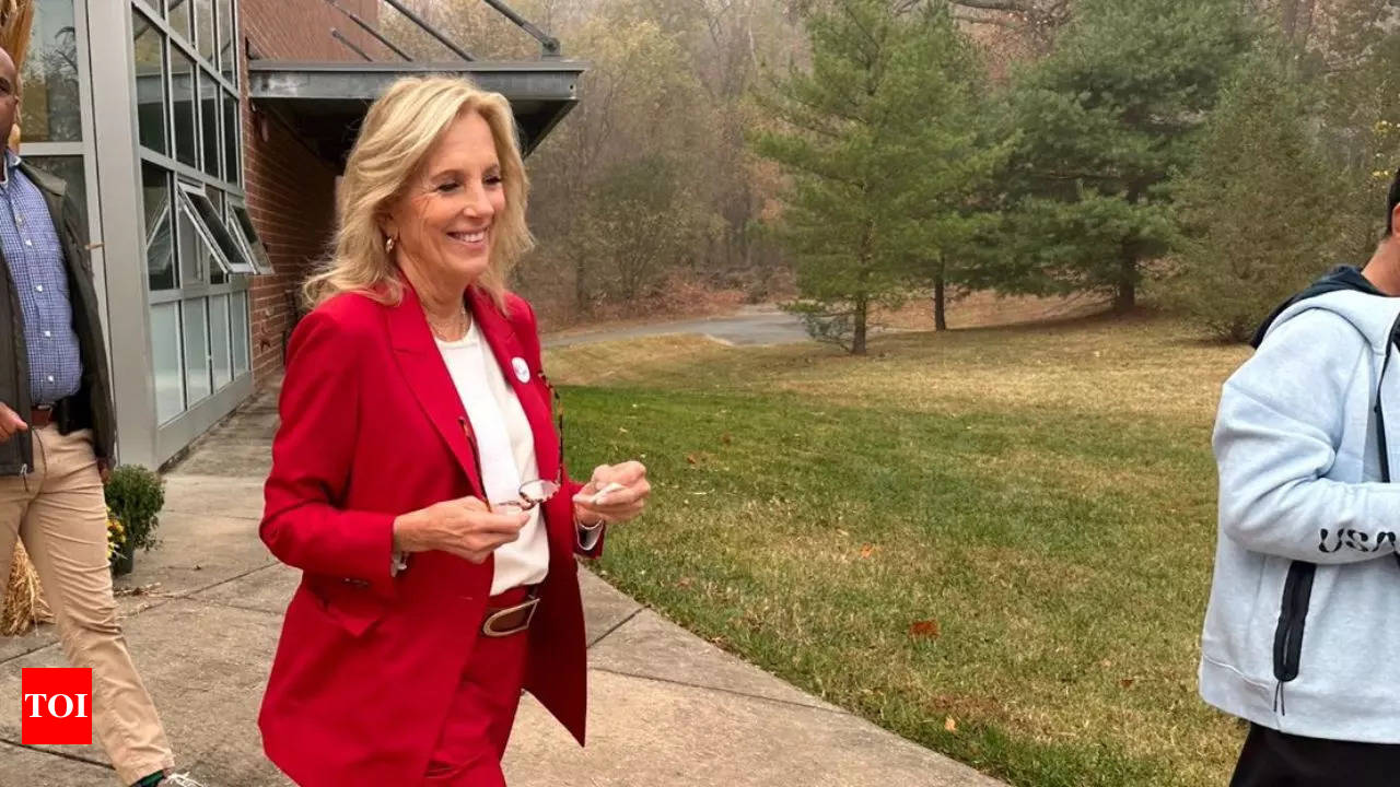 Check out how Jill Biden wears red to vote, showcasing civic duty with a fashionable appearance.