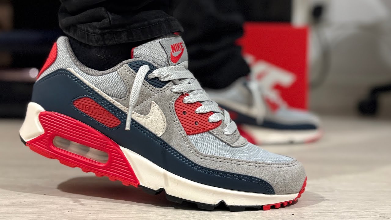 Air Max 90 White Blue Red On Feet Look (See How They Look When Worn)